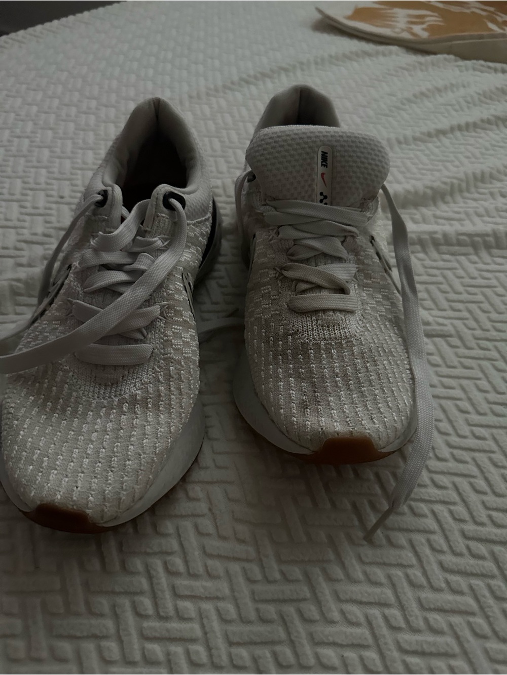 Nike White Knit Running Sneakers with Gum Toe Accents
